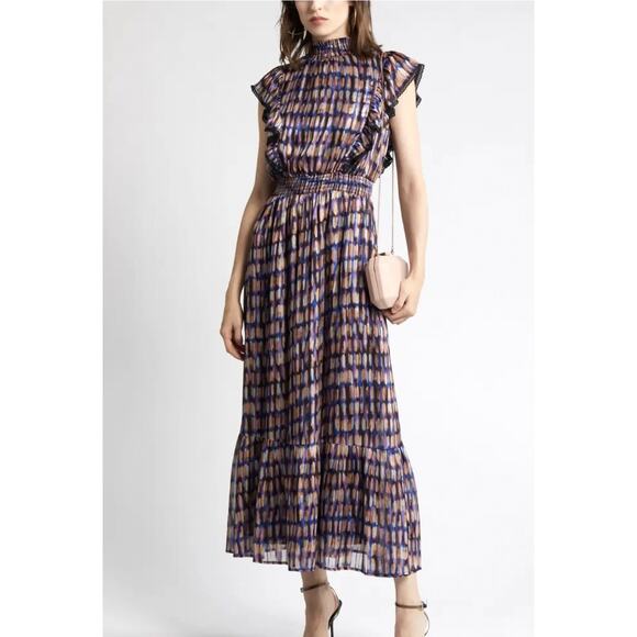 Lost + Wander Dresses & Skirts - Lost + Wander Love Story Smocked Ruffle Purple Black Satin Maxi Dress Large NWT